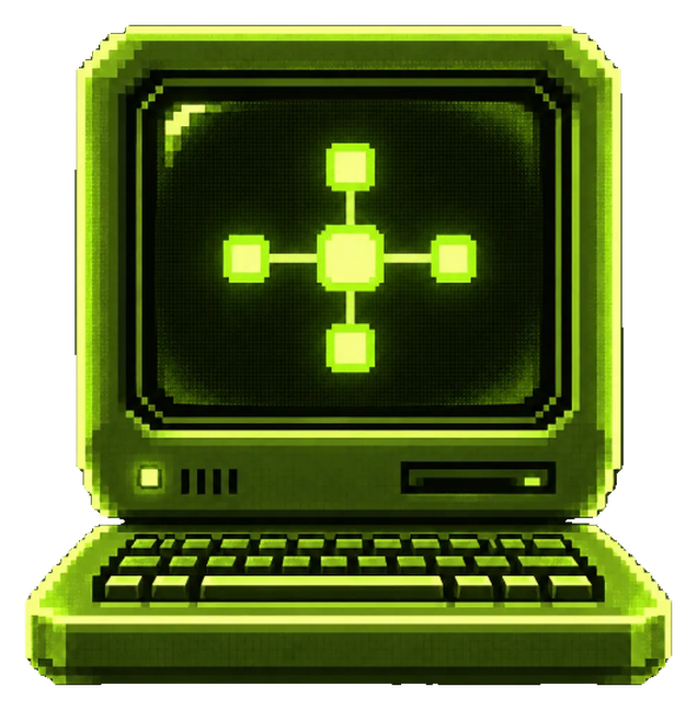 A glowing green retro computer with four connected nodes on its screen