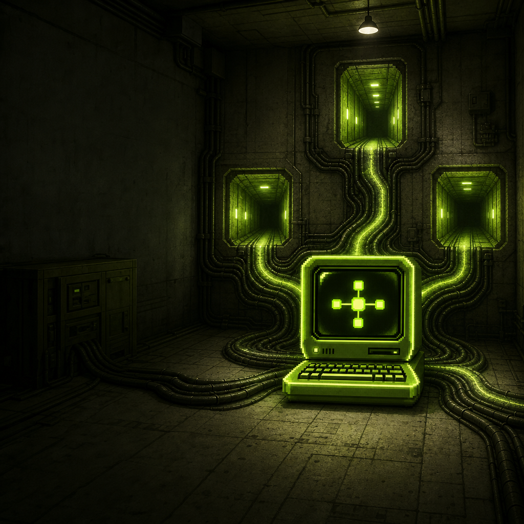 The green computer in a dark concrete room, with glowing tunnels opening in the wall behind it